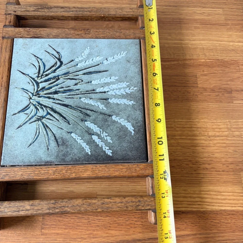 Unbranded Trivet Ceramic Tile Wheat Design Oak Wood Frame Brown Gray‎ 14.5x9.5in